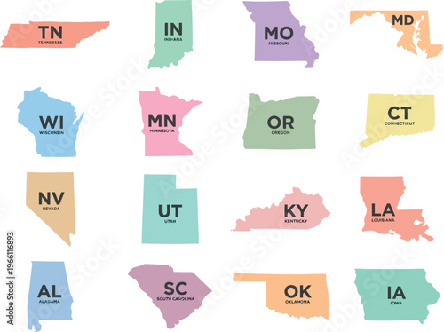 US State Map Silhouettes with Abbreviation Labels for Regional Education Political Infographic and Administrative Design