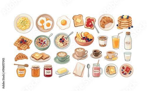 Whimsical watercolor collection of breakfast foods and drinks