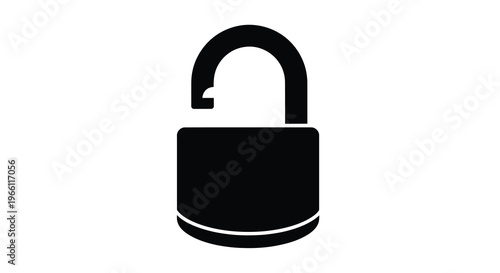 A stark black silhouette depicts an open padlock signifying security access or freedom from restriction on a white background high quality