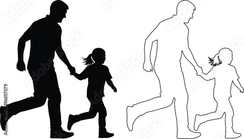 Adult holding child hand walking together silhouette illustration