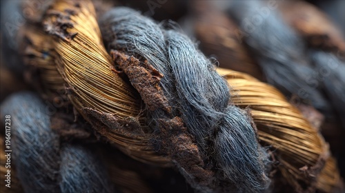 A close-up reveals intricately twisted copper wires with exposed insulation and signs of oxidation against a blurred industrial backdrop