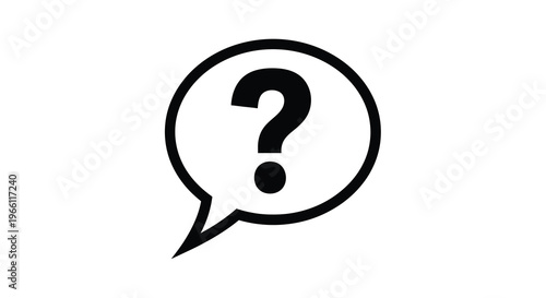 A simple black and white illustration depicts a speech bubble containing a black question mark symbolizing inquiry high quality professional detailed