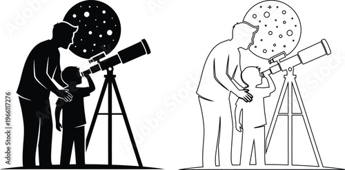 Adults and child stargazing together using telescopes under night sky