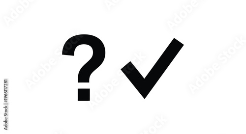 A simple graphic depicts a black question mark and a black checkmark side by side on a white background high quality