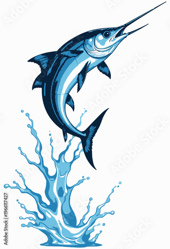 Dynamic Illustration of a Swordfish Leaping Gracefully from a Splashing Ocean Waters Showing Motion and Energy