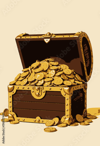 Overflowing Treasure Chest Brimming with Golden Coins Against Neutral Background, Symbolizing Wealth and Adventure