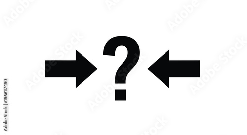 A simple black and white graphic depicts a question mark with opposing arrows pointing towards it symbolizing a dilemma high quality