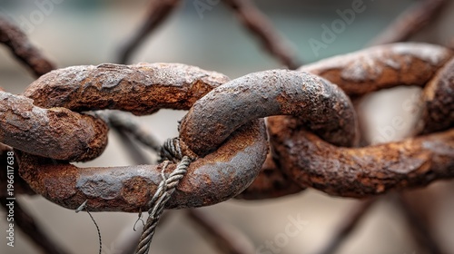 A close-up view of a rusted metal chain link fence with wire twists and industrial grit highlights the intricate details of its decay in an urban security setting
