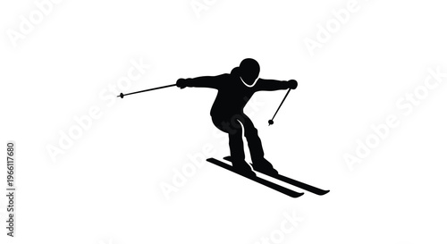 A black silhouette depicts a skier in motion dynamically descending a snowy slope with poles extended high quality professional detailed modern