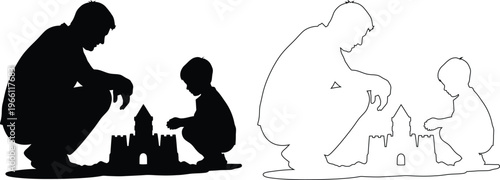 Father and children playing together with sandcastle building toys