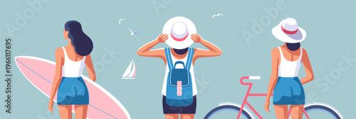 Vector illustrations of women on the theme of summer adventures, travel, beach fun and relaxation.