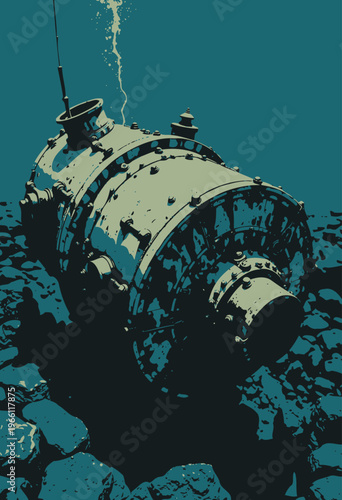 Rusting Metal Cylinder Submerged Underwater with Barnacles Clinging to Surface and Light Filtering Through Ocean Waves Above Rocky Seabed