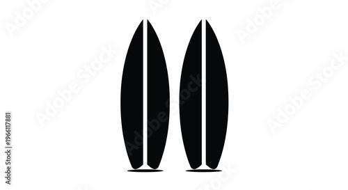 A minimalist depiction of two black surfboards standing upright on a stark white background showcasing their sleek forms high quality professional