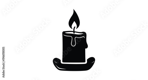 A simple black silhouette depicts a lit candle with melting wax resting in a shallow dish high quality professional detailed modern