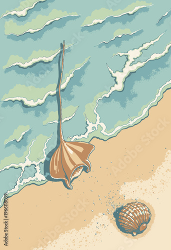 Illustrated scene featuring a ray gently gliding through the shallow waters of a serene sandy beach with seashells resting in the foreground under the sunlit sky