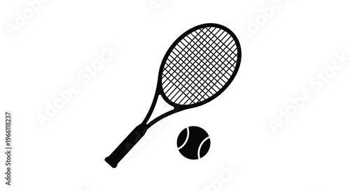 A black and white illustration depicts a tennis racket positioned above a tennis ball showcasing equipment for the sport high quality