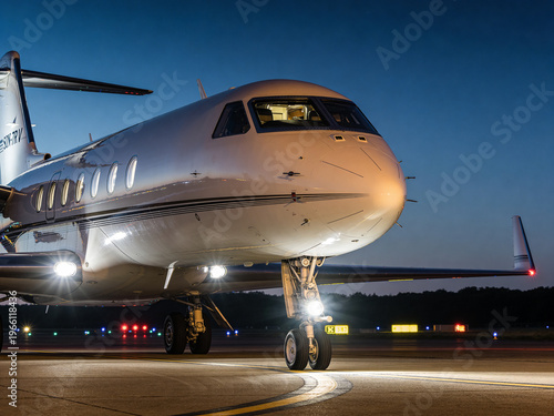Luxurious Aircraft On Illuminated Runway. Business Jet Moves On Brightly Lit Dark Runway At Night