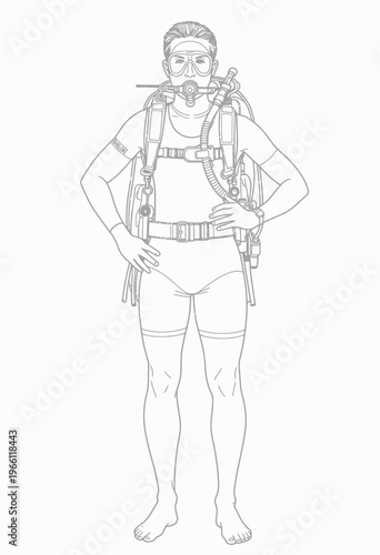 Detailed Illustration of a Scuba Diver in Full Gear Including Oxygen Tank, Mask, and Breathing Apparatus, Ready for Underwater Exploration
