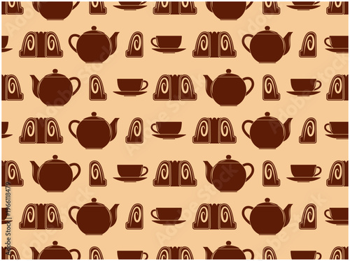 seamless texture with coffee cups, pots and bundt cakes pattern