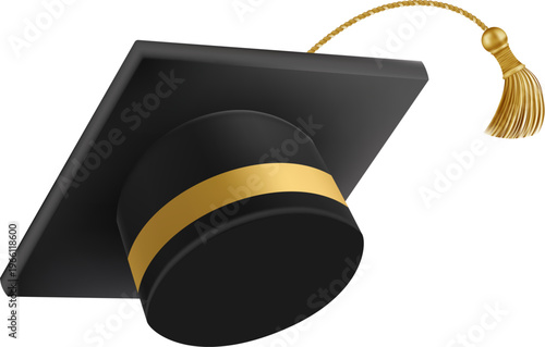 Graduates celebration. Flying black graduate hat with golden tassels. 3d square academic caps from different angles. Vector illustration isolated on white background.