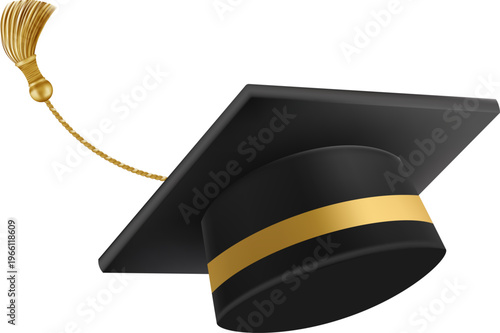 Graduates celebration. Flying black graduate hat with golden tassels. 3d square academic caps from different angles. Vector illustration isolated on white background.