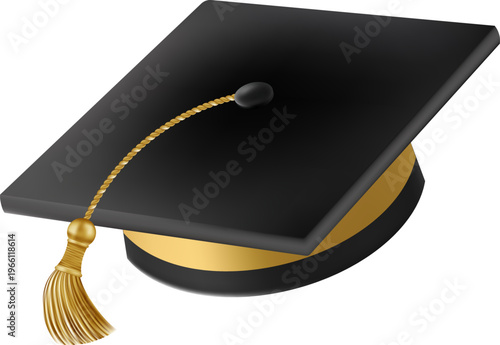 Graduates celebration. Flying black graduate hat with golden tassels. 3d square academic caps from different angles. Vector illustration isolated on white background.