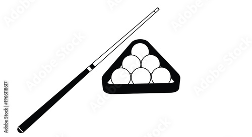 A simple black and white illustration depicts a pool cue positioned next to a racked set of billiard balls high quality
