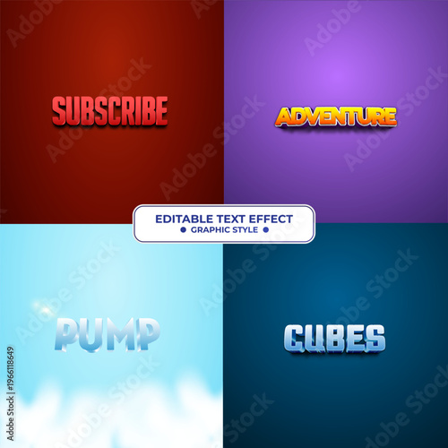 Four distinct editable text effects showcasing various graphic styles and typography.