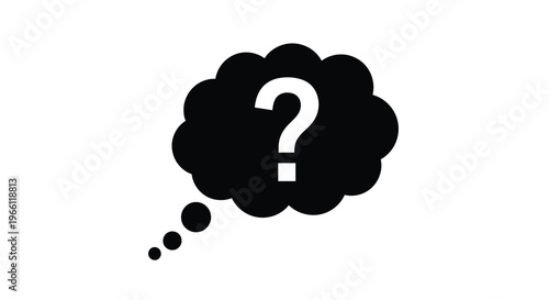 A black thought bubble graphic contains a white question mark symbolizing uncertainty pondering or a need for answers high quality professional