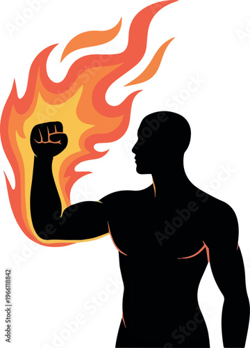 A Silhouette Empowerment and strength icon with raised fist and flame. Symbol of power, motivation and inner energy. Leadership concepts, personal growth, confidence themes and inspirational business 