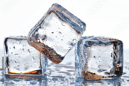 Three melting ice cubes with droplets on reflective surface