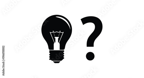 A minimalist black and white image depicts a lightbulb alongside a question mark symbolizing an idea or problem high quality professional