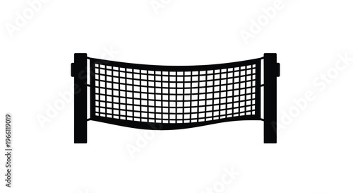 A simple black and white illustration depicts a sports net with supporting posts showcasing a curved grid like structure high quality