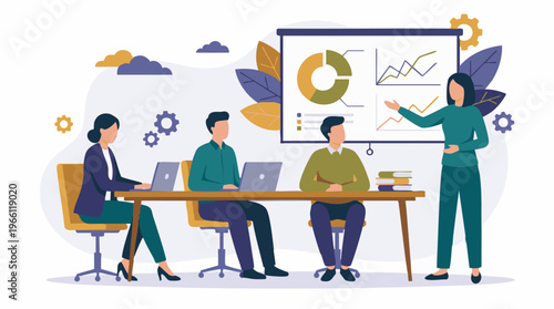 Business professionals collaborating and analyzing data during a presentation