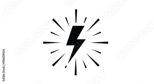 A stark black lightning bolt icon radiates energy with numerous short angular lines emanating outward from its form high quality professional