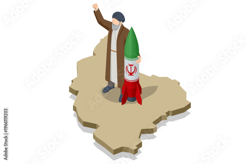 Isometric Iranian religious leader standing on the map of Iran beside a missile. Political and military concept shows national power, weapon symbol, ideology, defense rhetoric and regional tension