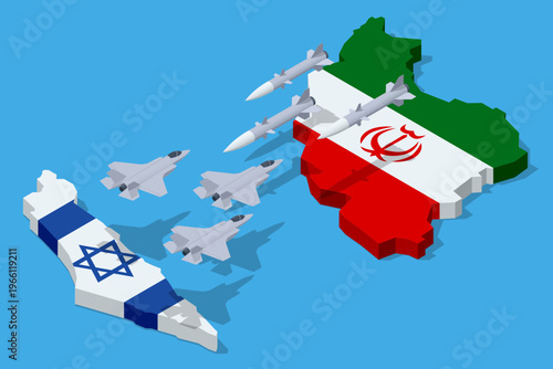 Isometric maps of Iran and Israel with fighter jets and missiles in the air. Military conflict concept shows aerial strike, regional confrontation, defense force, attack scenario, geopolitical tension
