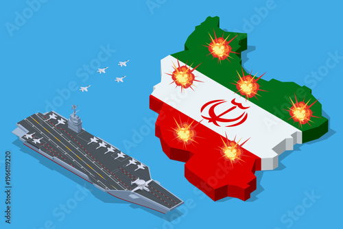 Isometric aircraft carrier and fighter jets attacking the map of Iran with explosion marks. Military operation concept shows naval power, air strike, regional war scenario and escalating geopolitical