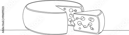 Minimalist continuous line vector graphic illustration of a Swiss cheese wheel with a wedge cut out