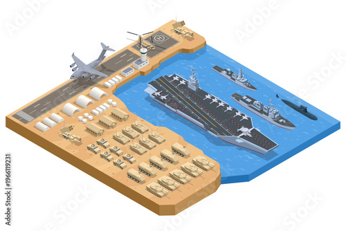 Isometric military base with aircraft carrier, warships, submarine, tanks and aircraft near the coast. Defense infrastructure concept shows naval deployment, armed force, logistics, strategy and
