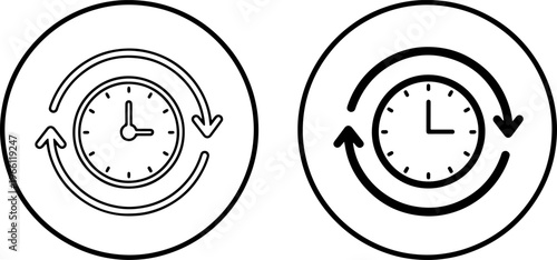 Clock with Circular Arrows Icons Representing Time Management and Workflow Optimization Line Art and Solid Style