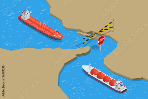 Isometric cargo ships blocked at a narrow sea passage with barrier tape and stop sign. Maritime trade disruption concept shows closed strait, tanker route restriction, logistics risk and shipping