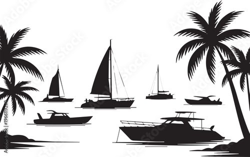  A Silhouette kinds of Tropical beach with boats ink sketch vector illustration No Background