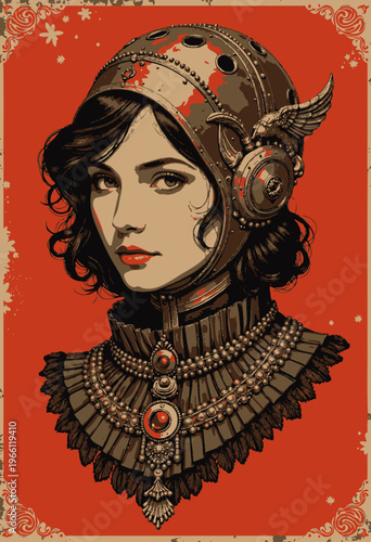 Portrait of a Woman in Ornate Golden Helmet with Intricate Designs and Elegant Jewelry Against a Red Background with Decorative Patterns