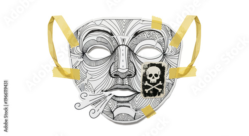 Pirate mask, skull design, black and white illustration, yellow straps, costume accessory, party decoration
