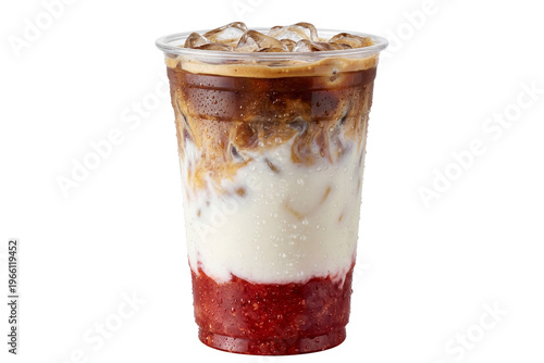 iced layered strawberry coffee latte in a plastic takeaway cup on a transparent background