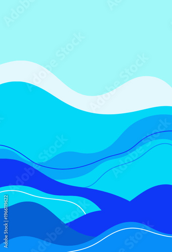 Abstract Composition of Serene Blue Waves and Curves Against a Soft Cyan Background Depicting a Calming and Harmonious Oceanic Scene