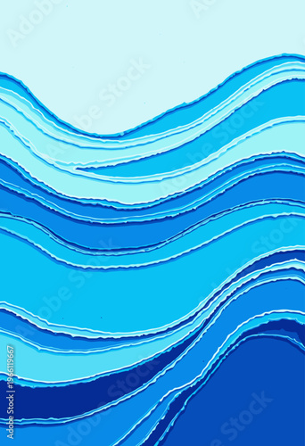 Abstract Layered Paper Art with Oceanic Blue Waves Creating a Serene and Flowing Visual Aesthetic Evoking Tranquility and Depth