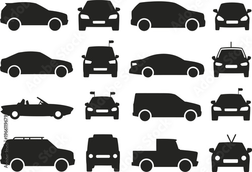 Car silhouettes collection, vehicle vector icons set, transportation symbols, auto shapes, isolated black cars, modern flat design, automotive illustration