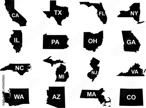US State Map Silhouettes with Postal Abbreviations for Geographic Education Regional Infographic and Political Design